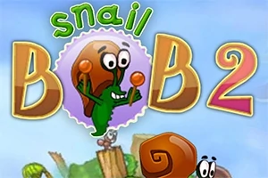 Snegl med stor orange skal og glade øjne i farverig tegneseriestil med teksten Snail Bob 2 omkring