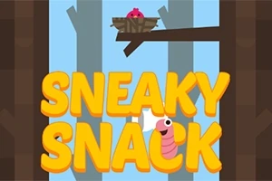 Ordet Sneaky Snack i gule bogstaver med en lyserød orm og en fugl i en rede på en gren i en tegneserie-skovbaggrund
