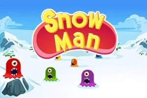 Farverige enøjede monstre i et snedækket landskab med teksten Snow Man øverst