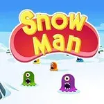 Farverige enøjede monstre i et snedækket landskab med teksten Snow Man øverst