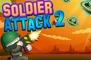 Soldat med hjelm og laserpistol skyder mod flyvende tallerkener i en orange himmel