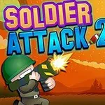 Soldat med hjelm og laserpistol skyder mod flyvende tallerkener i en orange himmel