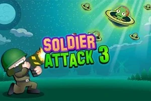 En tegneseriegrafik viser en soldat med hjelm, der skyder mod grønne rumskibe med små væsener under en stjerneklar nattehimmel