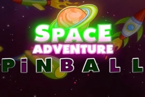 Farverig grafik med teksten Space Adventure Pinball foran en planet med ringe og to raketter i en stjernehimmel
