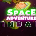 Farverig grafik med teksten Space Adventure Pinball foran en planet med ringe og to raketter i en stjernehimmel