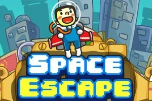 En tegnet figur i rumdragt står foran retro-futuristiske bygninger med teksten Space Escape i blå og gule blokbogstaver