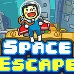 En tegnet figur i rumdragt står foran retro-futuristiske bygninger med teksten Space Escape i blå og gule blokbogstaver
