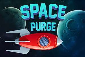 Rød rumraket foran to planeter med teksten SPACE PURGE i baggrunden