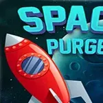 Rød rumraket foran to planeter med teksten SPACE PURGE i baggrunden