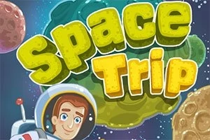 Tegneserieillustration af en astronaut i rummet med teksten Space Trip i grønne og gule bogstaver, omgivet af asteroider og stjerner