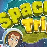 Tegneserieillustration af en astronaut i rummet med teksten Space Trip i grønne og gule bogstaver, omgivet af asteroider og stjerner