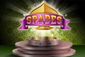 Et gyldent spadesymbol med ordet SPADES på et lilla bånd over en dekorativ grøn baggrund og en sokkel
