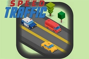 Tegnet vejbillede med tre biler på en vej, omgivet af to træer, med teksten Speed Traffic øverst