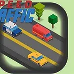 Tegnet vejbillede med tre biler på en vej, omgivet af to træer, med teksten Speed Traffic øverst