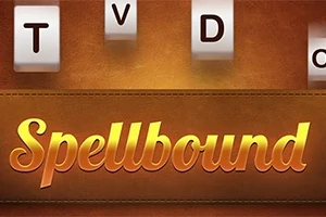 Bogstaverne T, V, D og O vises ovenover ordet Spellbound på en brun baggrund