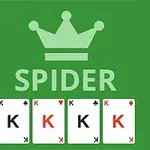 Grønt baggrund med ordet SPIDER, en krone, og fire konger fra et kortspil
