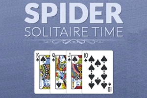 Texten Spider Solitaire Time på en blå baggrund med fire spillekort, inklusive konge, dame, knægt og ti i spar