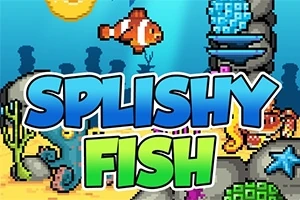 Tekst Splishy Fish i store, farverige bogstaver over en pixeleret undervandsscene med klovnefisk, koraller og søstjerner
