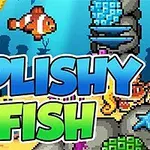 Tekst Splishy Fish i store, farverige bogstaver over en pixeleret undervandsscene med klovnefisk, koraller og søstjerner