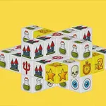 Et 3D-puslespil med terninger dekoreret med forskellige ikoner, som stjerner, kranier, øjne og slotte på en gul baggrund