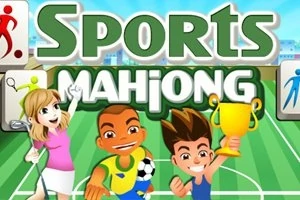 Tre figurer på en sportsbane, en kvinde med golfkølle og to mænd, hvoraf den ene holder en pokal, med teksten Sports Mahjong øverst