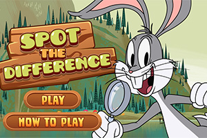 En tegneseriekanin holder et forstørrelsesglas foran en skovbaggrund med teksten Spot the Difference samt to knapper Play og How to Play