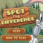 En tegneseriekanin holder et forstørrelsesglas foran en skovbaggrund med teksten Spot the Difference samt to knapper Play og How to Play