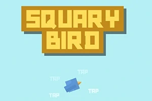 Brun tekst SQUARY BIRD øverst på en lyseblå baggrund med en lille blå fugl nedenfor