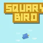 Brun tekst SQUARY BIRD øverst på en lyseblå baggrund med en lille blå fugl nedenfor