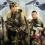 En gruppe karakterer i futuristisk tøj står sammen med to rumskibe flyvende over dem