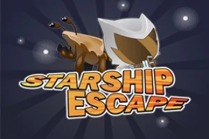 Tegning af en hundelignende karakter med et hvidt rumhjelmshoved foran en stjernet baggrund med teksten Starship Escape