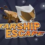 Tegning af en hundelignende karakter med et hvidt rumhjelmshoved foran en stjernet baggrund med teksten Starship Escape