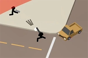 To stickfigurer med våben løber mod en brun bil på vej i et hjørne