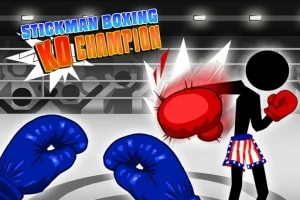 En stickman-figur iført boksehandsker og shorts bliver slået af en modstander med røde handsker, mens Stickman Boxing KO Champion er skrevet øverst