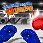 En stickman-figur iført boksehandsker og shorts bliver slået af en modstander med røde handsker, mens Stickman Boxing KO Champion er skrevet øverst