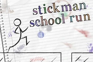 Stregtegning af en pindemand, der løber hen over linjeret papir med farverige blækpletter og teksten stickman school run