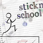 Stregtegning af en pindemand, der løber hen over linjeret papir med farverige blækpletter og teksten stickman school run