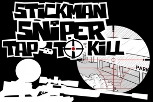 Tegning af en stickman med en sniper-riffel og tekst i sort-hvid grafik på en mørk baggrund