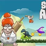 Tegneserieagtig stil med en kvinde fra stenalderen, der har en kagerulle, en dinosaur, flyvende fugl og guldmønter under en blå himmel