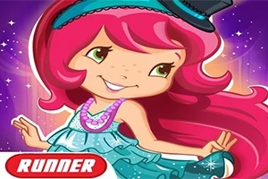 Animation af en pige med langt pink hår, iført en blå kjole og sort hat, med en stjernefyldt lilla baggrund