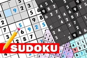 Forskellige Sudoku-brætter med tal i forskellige farver, en blyant og teksten SUDOKU i rød bjælke