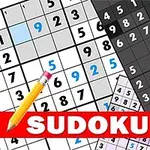 Forskellige Sudoku-brætter med tal i forskellige farver, en blyant og teksten SUDOKU i rød bjælke