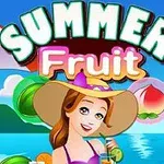 Tegneserieillustration af en kvinde med en stor hat ved en strand, omkranset af tekst, paraply og frugter med en blå himmel i baggrunden