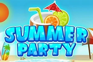 Teksten Summer Party skrevet i lyseblå bogstaver med baggrund af en strandscene, en kokosnøddrink med citrusfrugter, en parasol og en rød/hvid-stribet strandparasol