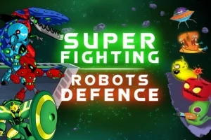 Farverige robotter og rumvæsener i kamp mod hinanden i rummet med teksten Super Fighting Robots Defence i midten