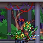 En glad dreng med en jetpack kæmper mod en stor grøn alien foran et glasvindue med træer udenfor