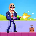 En animeret figur i jakkesæt med solbriller skyder med en farverig legetøjsgevær ved siden af en sprængladning mærket TNT mod en mur med grønne bakker i baggrunden