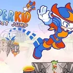 En tegneseriefigur i blåt og orange superhelteoutfit springer mellem platforme i en fantasifuld himmelsk verden