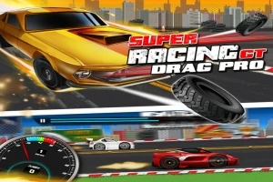 Gult og rødt sportsbilracerlayout med tætbyens skyline i baggrunden og store dæk og hastighedsmåler i forgrunden