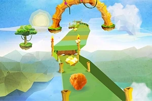Farverig himmelbane med en fluffet orange kugle og svævende platforme i en tegneserieagtig stil